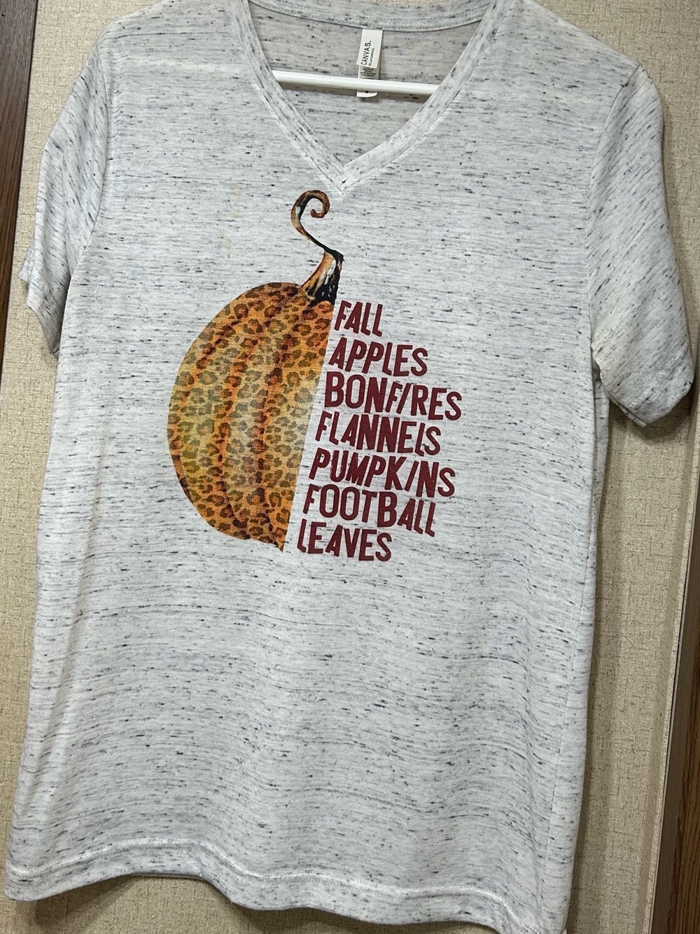 Bella Canvas Heather Gray V-Neck Tee with Leopard Pumpkin Graphic